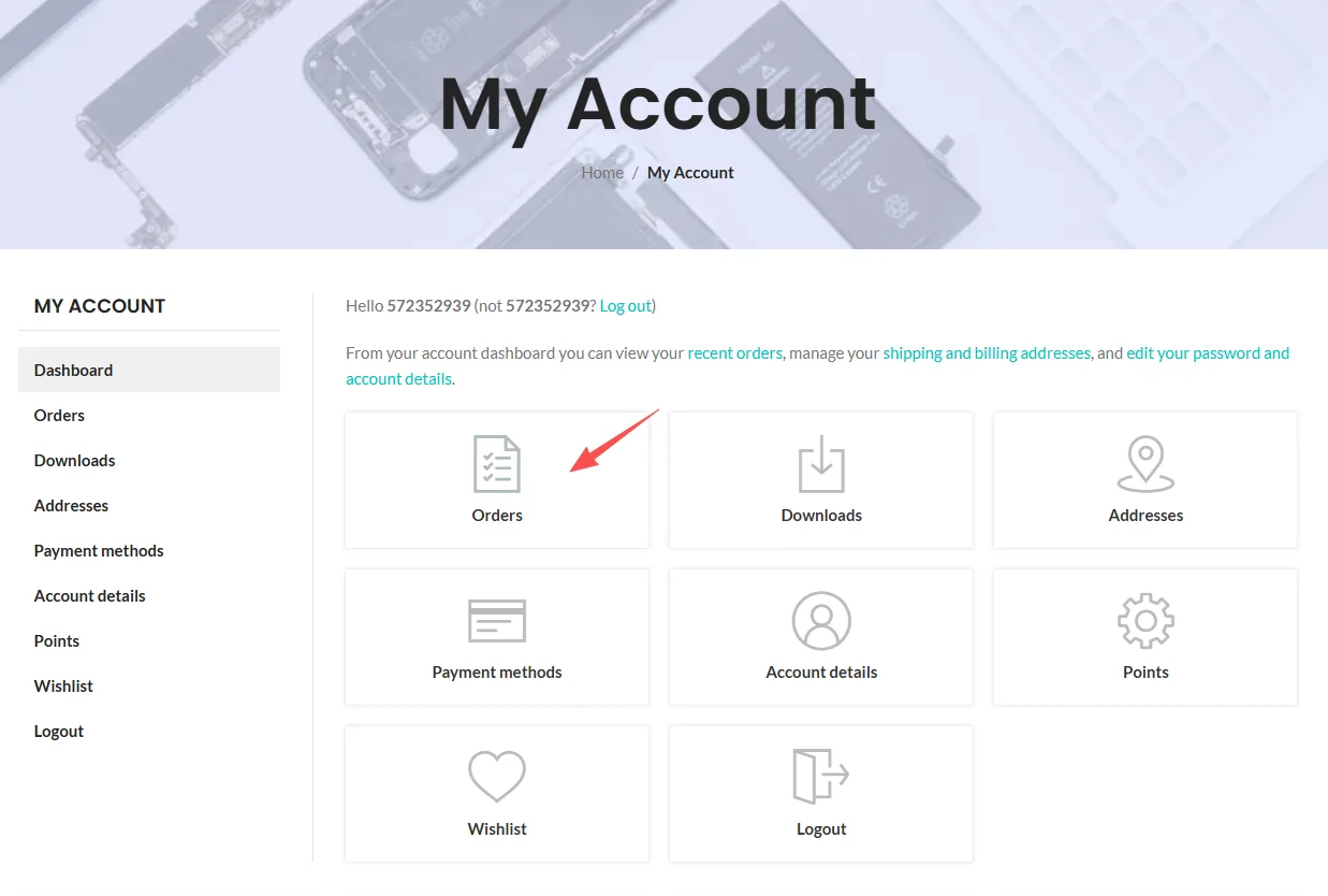 WOSENTE customer account dashboard for order management