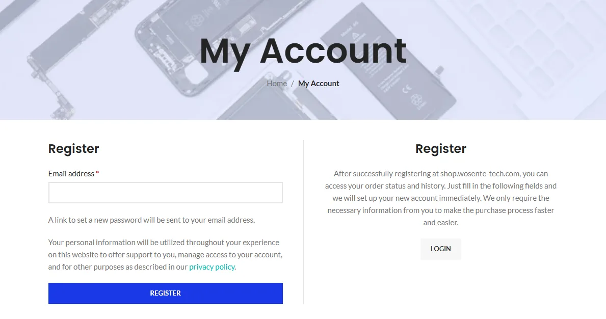 WOSENTE customer account registration page
