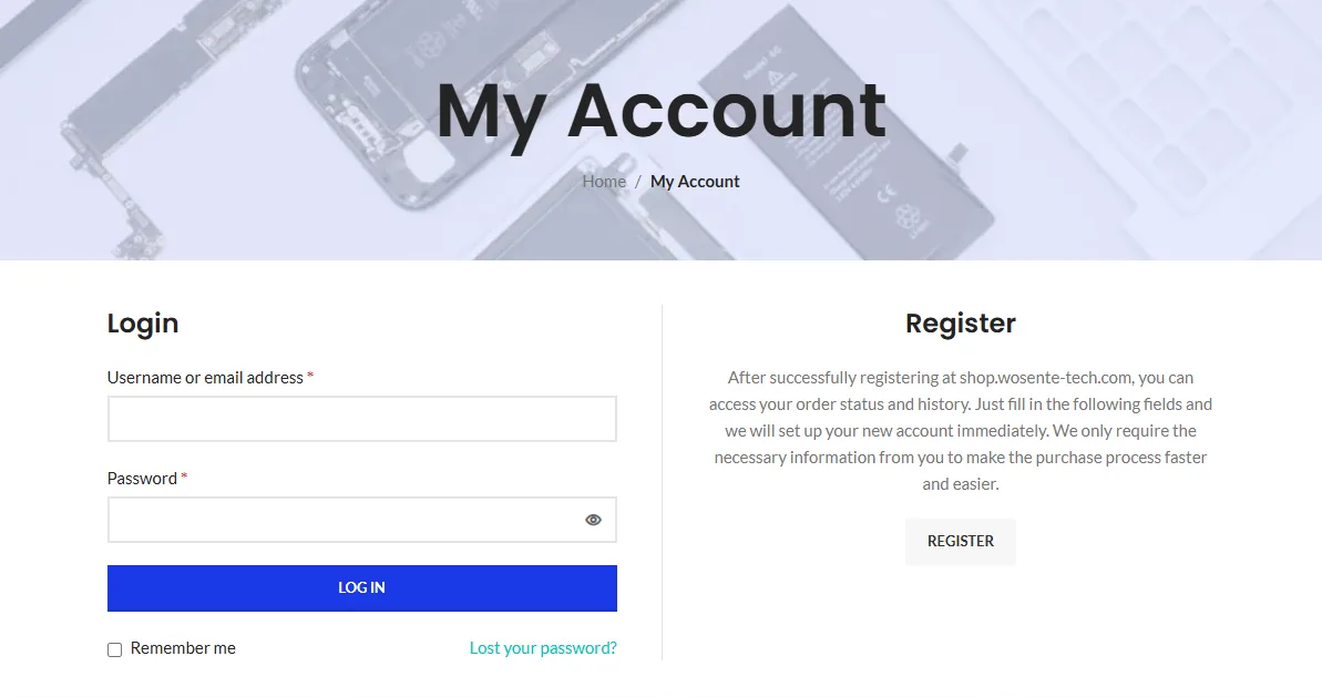 WOSENTE account login and registration page